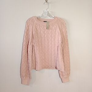 J Crew Cropped Balloon Sleeve Cable Knit Sweater in Wheat Size L New NWT